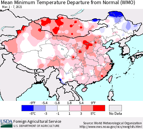 China, Mongolia and Taiwan Mean Minimum Temperature Departure from Normal (WMO) Thematic Map For 3/1/2021 - 3/7/2021