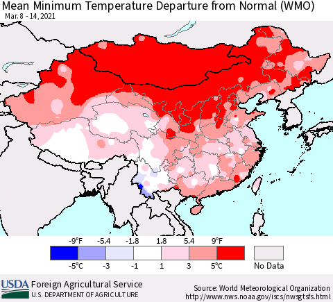 China, Mongolia and Taiwan Mean Minimum Temperature Departure from Normal (WMO) Thematic Map For 3/8/2021 - 3/14/2021