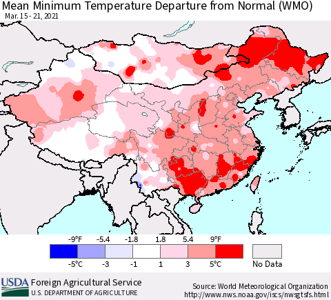 China, Mongolia and Taiwan Mean Minimum Temperature Departure from Normal (WMO) Thematic Map For 3/15/2021 - 3/21/2021