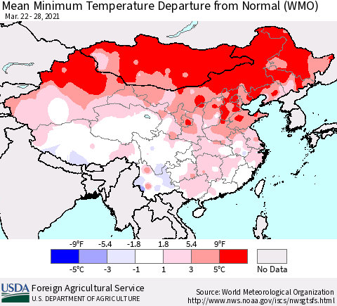 China, Mongolia and Taiwan Mean Minimum Temperature Departure from Normal (WMO) Thematic Map For 3/22/2021 - 3/28/2021