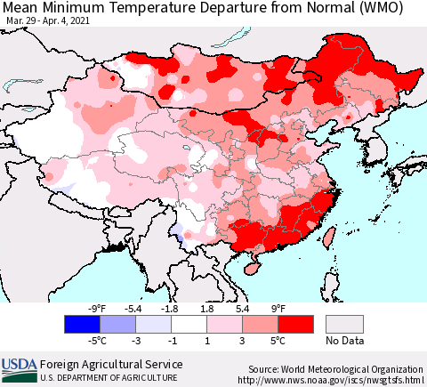 China, Mongolia and Taiwan Mean Minimum Temperature Departure from Normal (WMO) Thematic Map For 3/29/2021 - 4/4/2021