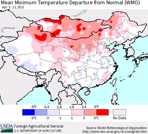 China, Mongolia and Taiwan Mean Minimum Temperature Departure from Normal (WMO) Thematic Map For 4/5/2021 - 4/11/2021
