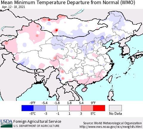 China, Mongolia and Taiwan Mean Minimum Temperature Departure from Normal (WMO) Thematic Map For 4/12/2021 - 4/18/2021