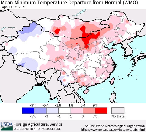 China, Mongolia and Taiwan Mean Minimum Temperature Departure from Normal (WMO) Thematic Map For 4/19/2021 - 4/25/2021