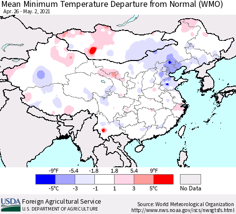 China, Mongolia and Taiwan Mean Minimum Temperature Departure from Normal (WMO) Thematic Map For 4/26/2021 - 5/2/2021