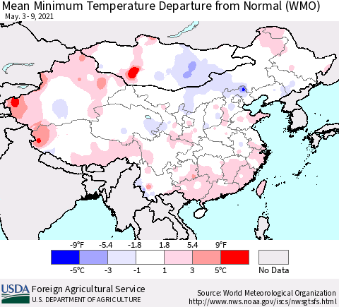 China, Mongolia and Taiwan Mean Minimum Temperature Departure from Normal (WMO) Thematic Map For 5/3/2021 - 5/9/2021