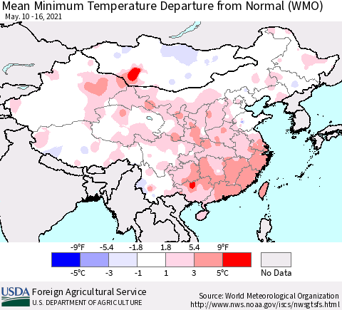 China, Mongolia and Taiwan Mean Minimum Temperature Departure from Normal (WMO) Thematic Map For 5/10/2021 - 5/16/2021