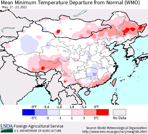 China, Mongolia and Taiwan Mean Minimum Temperature Departure from Normal (WMO) Thematic Map For 5/17/2021 - 5/23/2021