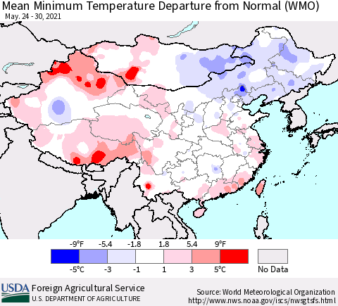 China, Mongolia and Taiwan Mean Minimum Temperature Departure from Normal (WMO) Thematic Map For 5/24/2021 - 5/30/2021