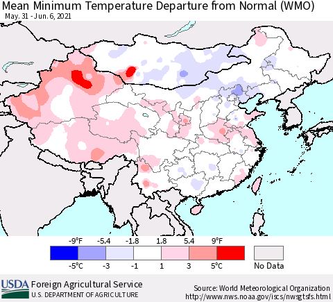China, Mongolia and Taiwan Mean Minimum Temperature Departure from Normal (WMO) Thematic Map For 5/31/2021 - 6/6/2021