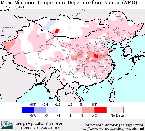 China, Mongolia and Taiwan Mean Minimum Temperature Departure from Normal (WMO) Thematic Map For 6/7/2021 - 6/13/2021