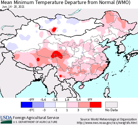 China, Mongolia and Taiwan Mean Minimum Temperature Departure from Normal (WMO) Thematic Map For 6/14/2021 - 6/20/2021