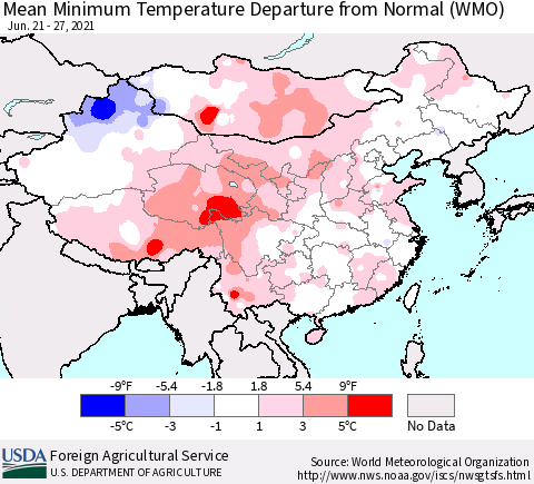 China, Mongolia and Taiwan Mean Minimum Temperature Departure from Normal (WMO) Thematic Map For 6/21/2021 - 6/27/2021