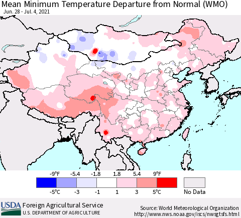 China, Mongolia and Taiwan Mean Minimum Temperature Departure from Normal (WMO) Thematic Map For 6/28/2021 - 7/4/2021