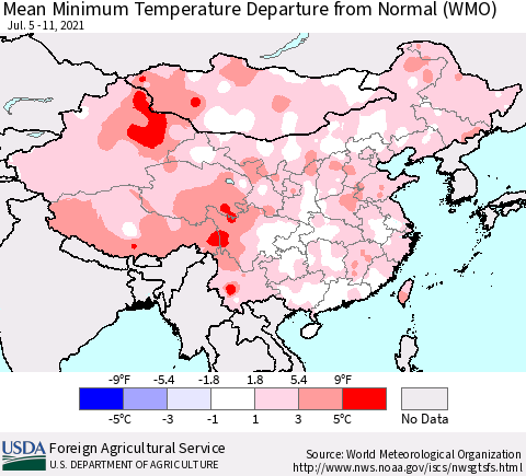 China, Mongolia and Taiwan Mean Minimum Temperature Departure from Normal (WMO) Thematic Map For 7/5/2021 - 7/11/2021