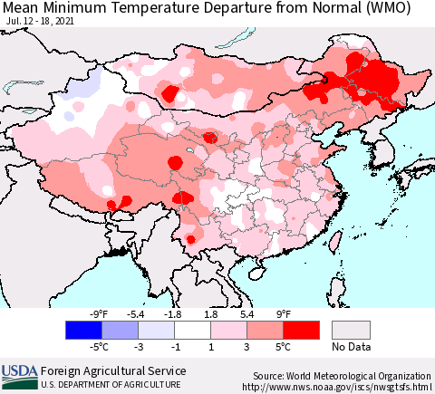 China, Mongolia and Taiwan Mean Minimum Temperature Departure from Normal (WMO) Thematic Map For 7/12/2021 - 7/18/2021