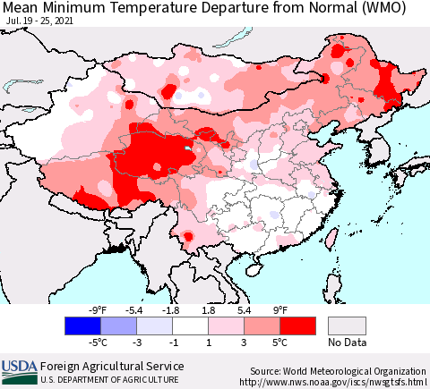 China, Mongolia and Taiwan Mean Minimum Temperature Departure from Normal (WMO) Thematic Map For 7/19/2021 - 7/25/2021