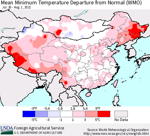 China, Mongolia and Taiwan Mean Minimum Temperature Departure from Normal (WMO) Thematic Map For 7/26/2021 - 8/1/2021