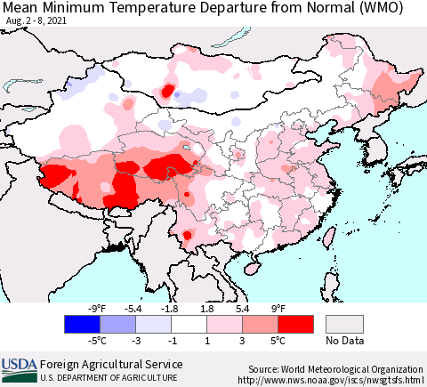 China, Mongolia and Taiwan Mean Minimum Temperature Departure from Normal (WMO) Thematic Map For 8/2/2021 - 8/8/2021