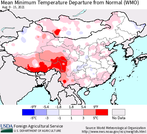China, Mongolia and Taiwan Mean Minimum Temperature Departure from Normal (WMO) Thematic Map For 8/9/2021 - 8/15/2021