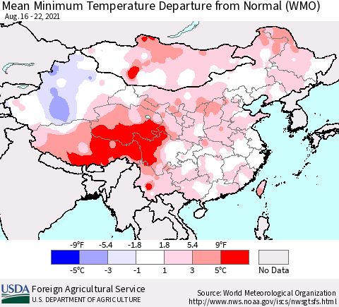 China, Mongolia and Taiwan Mean Minimum Temperature Departure from Normal (WMO) Thematic Map For 8/16/2021 - 8/22/2021