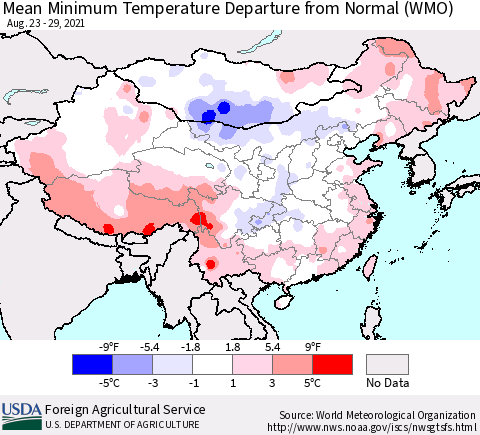 China, Mongolia and Taiwan Mean Minimum Temperature Departure from Normal (WMO) Thematic Map For 8/23/2021 - 8/29/2021