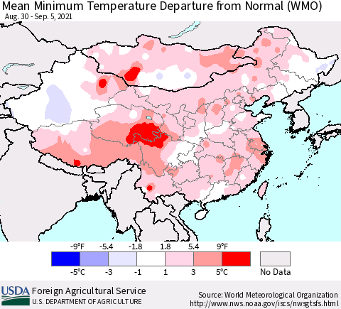 China, Mongolia and Taiwan Mean Minimum Temperature Departure from Normal (WMO) Thematic Map For 8/30/2021 - 9/5/2021