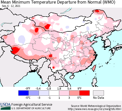 China, Mongolia and Taiwan Mean Minimum Temperature Departure from Normal (WMO) Thematic Map For 9/6/2021 - 9/12/2021