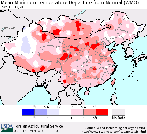 China, Mongolia and Taiwan Mean Minimum Temperature Departure from Normal (WMO) Thematic Map For 9/13/2021 - 9/19/2021