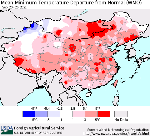 China, Mongolia and Taiwan Mean Minimum Temperature Departure from Normal (WMO) Thematic Map For 9/20/2021 - 9/26/2021