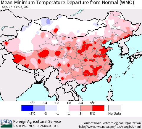 China, Mongolia and Taiwan Mean Minimum Temperature Departure from Normal (WMO) Thematic Map For 9/27/2021 - 10/3/2021