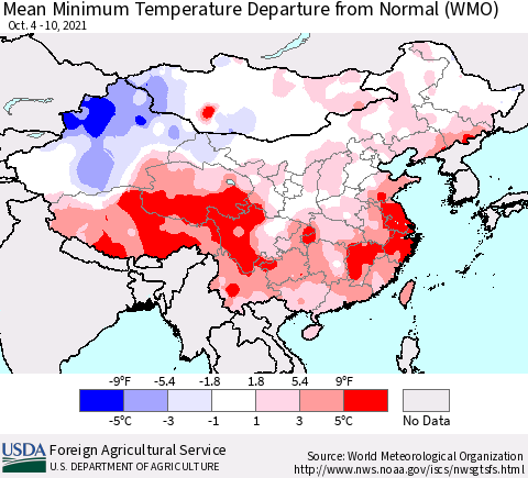 China, Mongolia and Taiwan Mean Minimum Temperature Departure from Normal (WMO) Thematic Map For 10/4/2021 - 10/10/2021