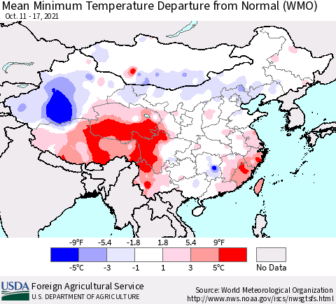 China, Mongolia and Taiwan Mean Minimum Temperature Departure from Normal (WMO) Thematic Map For 10/11/2021 - 10/17/2021