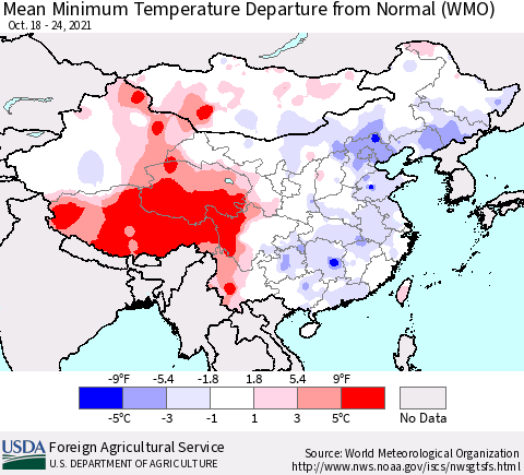 China, Mongolia and Taiwan Mean Minimum Temperature Departure from Normal (WMO) Thematic Map For 10/18/2021 - 10/24/2021
