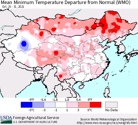 China, Mongolia and Taiwan Mean Minimum Temperature Departure from Normal (WMO) Thematic Map For 10/25/2021 - 10/31/2021
