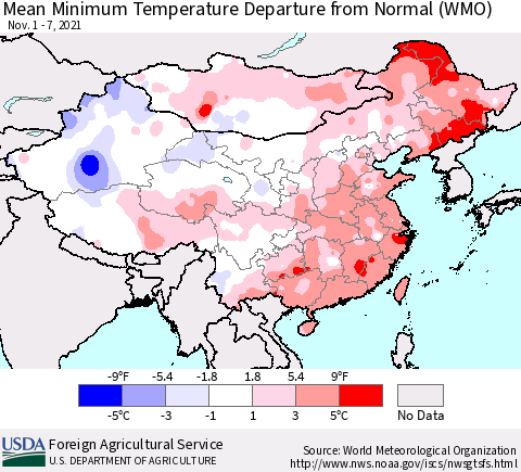 China, Mongolia and Taiwan Mean Minimum Temperature Departure from Normal (WMO) Thematic Map For 11/1/2021 - 11/7/2021
