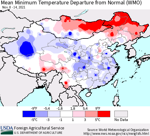 China, Mongolia and Taiwan Mean Minimum Temperature Departure from Normal (WMO) Thematic Map For 11/8/2021 - 11/14/2021