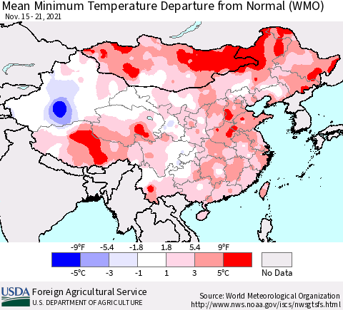 China, Mongolia and Taiwan Mean Minimum Temperature Departure from Normal (WMO) Thematic Map For 11/15/2021 - 11/21/2021