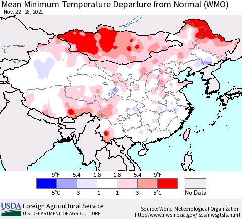 China, Mongolia and Taiwan Mean Minimum Temperature Departure from Normal (WMO) Thematic Map For 11/22/2021 - 11/28/2021