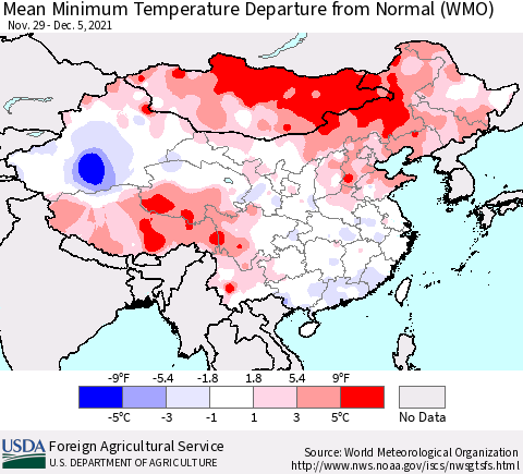 China, Mongolia and Taiwan Mean Minimum Temperature Departure from Normal (WMO) Thematic Map For 11/29/2021 - 12/5/2021
