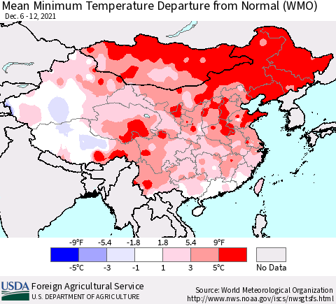China, Mongolia and Taiwan Mean Minimum Temperature Departure from Normal (WMO) Thematic Map For 12/6/2021 - 12/12/2021