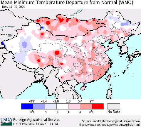 China, Mongolia and Taiwan Mean Minimum Temperature Departure from Normal (WMO) Thematic Map For 12/13/2021 - 12/19/2021