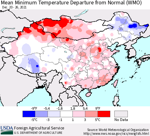China, Mongolia and Taiwan Mean Minimum Temperature Departure from Normal (WMO) Thematic Map For 12/20/2021 - 12/26/2021