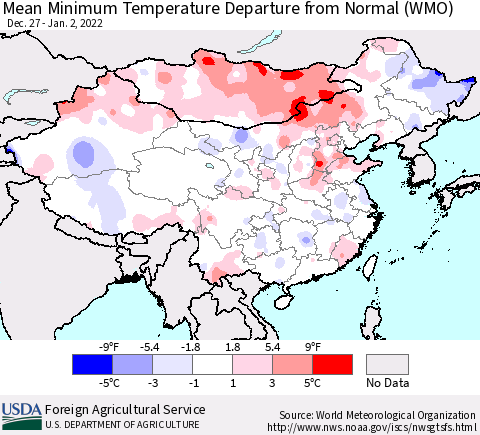 China, Mongolia and Taiwan Mean Minimum Temperature Departure from Normal (WMO) Thematic Map For 12/27/2021 - 1/2/2022