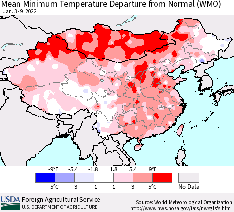 China, Mongolia and Taiwan Mean Minimum Temperature Departure from Normal (WMO) Thematic Map For 1/3/2022 - 1/9/2022