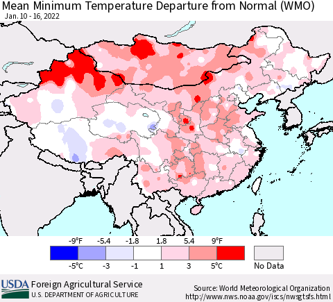 China, Mongolia and Taiwan Mean Minimum Temperature Departure from Normal (WMO) Thematic Map For 1/10/2022 - 1/16/2022