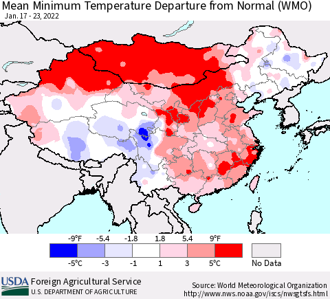 China, Mongolia and Taiwan Mean Minimum Temperature Departure from Normal (WMO) Thematic Map For 1/17/2022 - 1/23/2022
