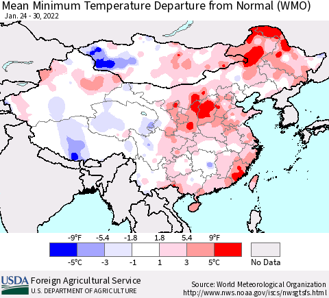 China, Mongolia and Taiwan Mean Minimum Temperature Departure from Normal (WMO) Thematic Map For 1/24/2022 - 1/30/2022