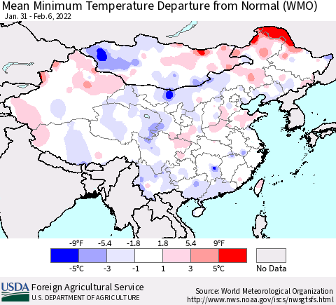 China, Mongolia and Taiwan Mean Minimum Temperature Departure from Normal (WMO) Thematic Map For 1/31/2022 - 2/6/2022