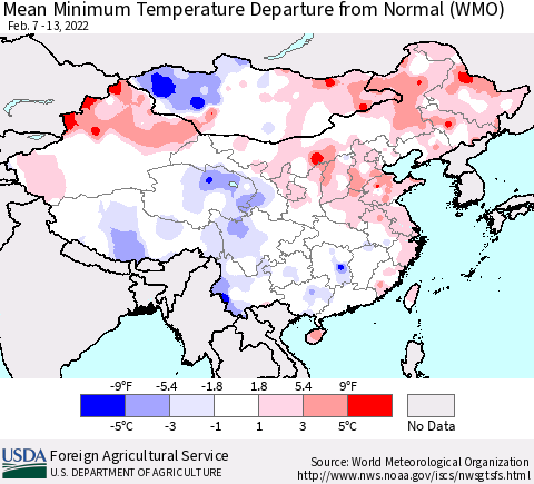 China, Mongolia and Taiwan Mean Minimum Temperature Departure from Normal (WMO) Thematic Map For 2/7/2022 - 2/13/2022